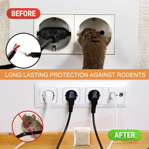 Dark Master pouches in garage storage marking wide coverage for rodents.