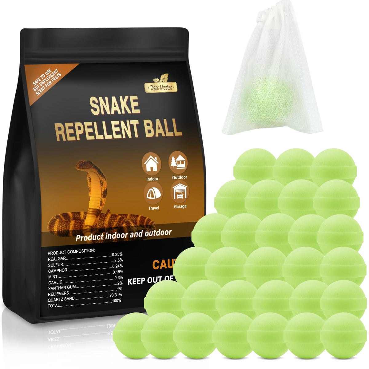Dark Master snake repellent pills arranged for yard protection to deter snakes safely.
