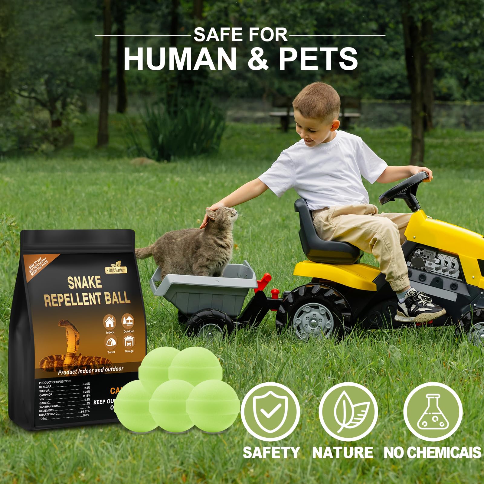 Dark Master 30-pack snake repellents displayed near garden beds.
