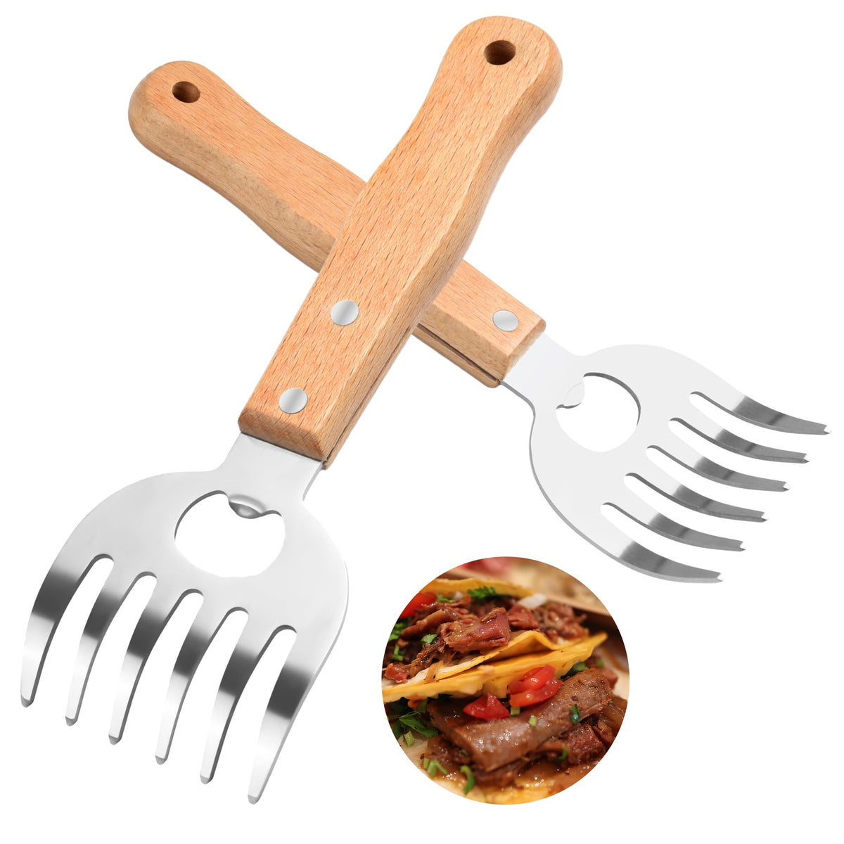 Dashther stainless steel meat shredder claws with long wooden handles for secure grip during grilling.