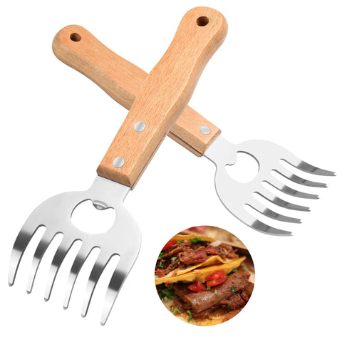 Dashther stainless steel meat shredder claws with long wooden handles for secure grip during grilling.