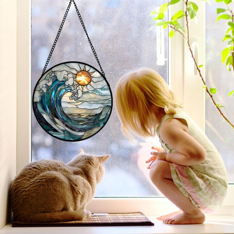 DASTOLL diamond glass suncatcher in blue white waves shines in sunlight