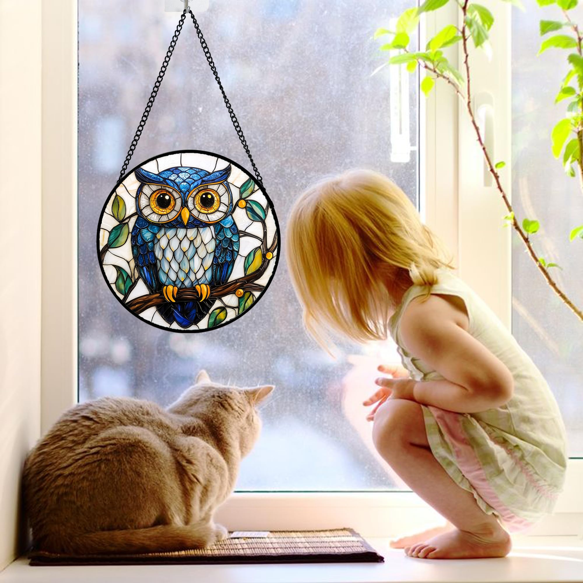 DASTOLL diamond glass suncatcher owl; UV print yields vivid colors on sunny days