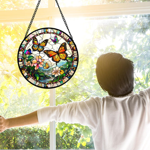DASTOLL diamond glass suncatcher with UV-printed frame shines through sunlight at home