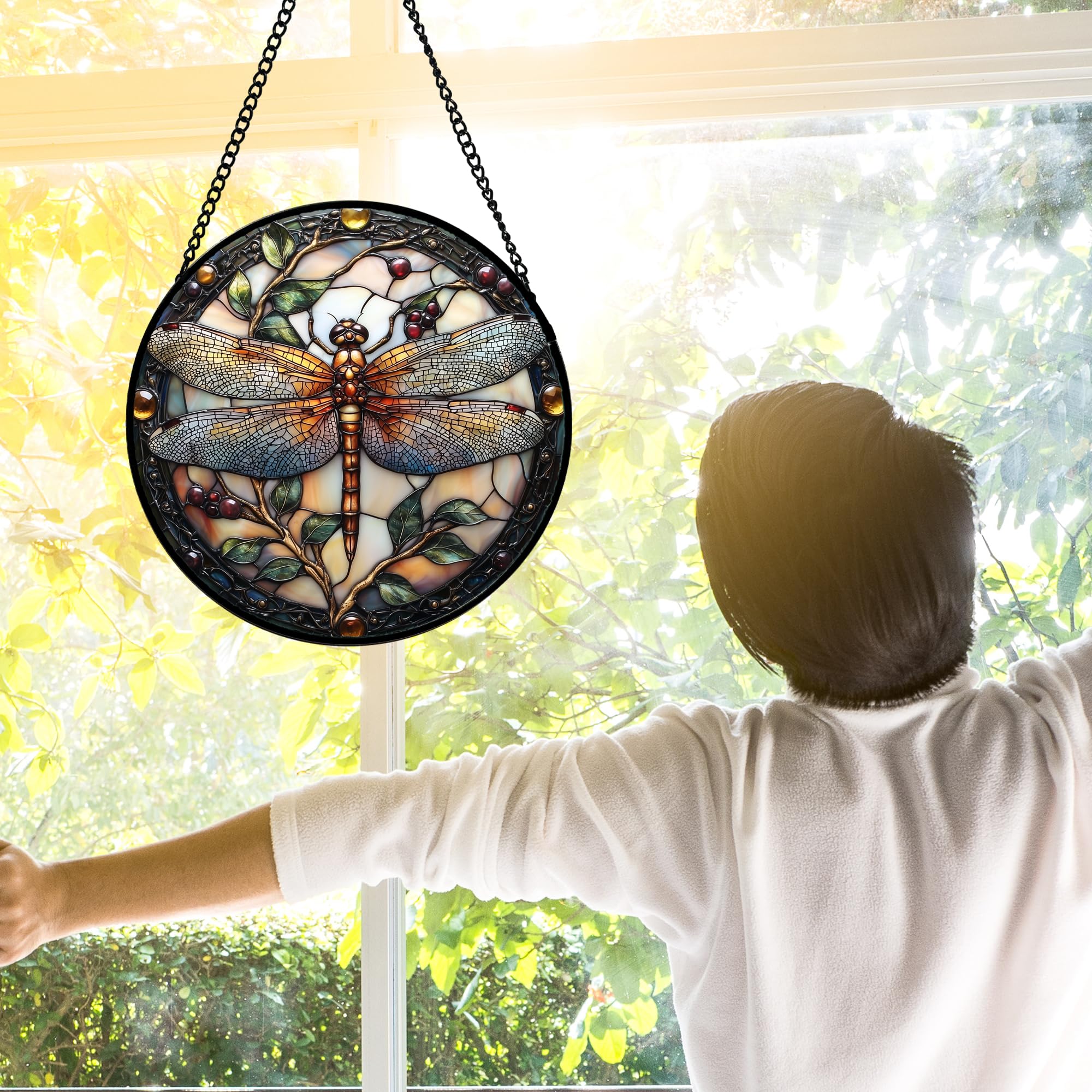 DASTOLL dragonfly stained-glass panel adds color and warmth to sunlight