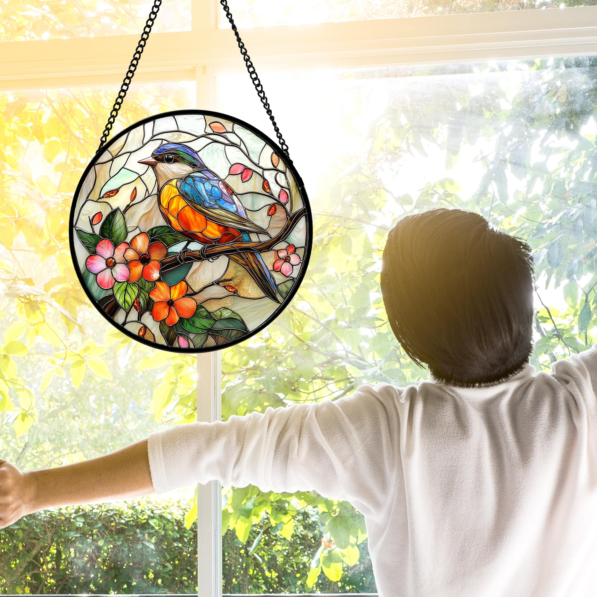 DASTOLL gift-ready stained glass suncatcher with bird and flower design