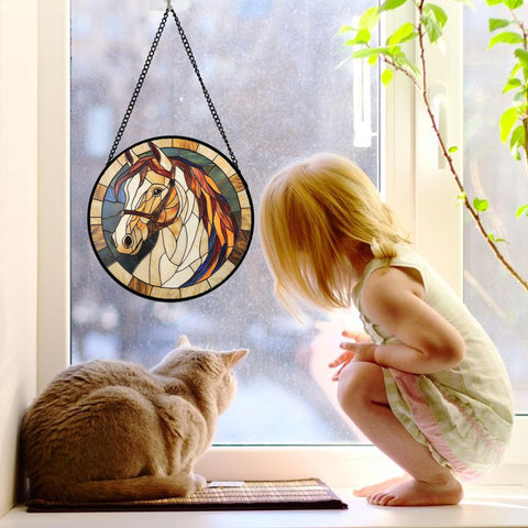 DASTOLL hand-painted-stained-glass horse suncatcher shows delicate detail in light