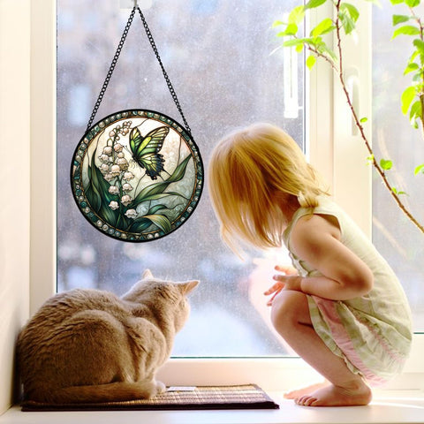 DASTOLL Lily Valley butterfly design suncatcher close-up showcases vibrant hues for bright decor.