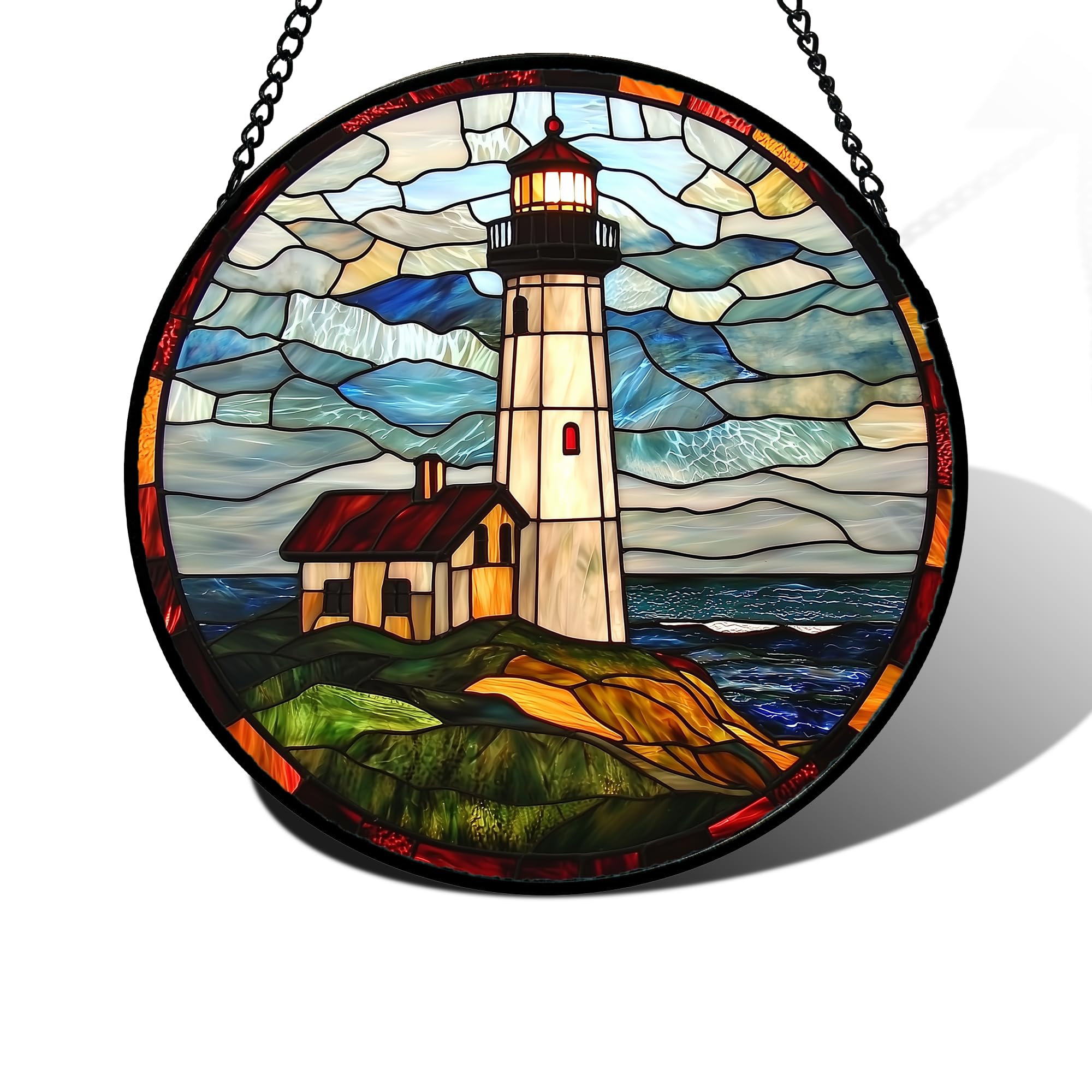 DASTOLL Ocean Lighthouse stained glass window hanging catching sunlight with vivid blue-green tones.