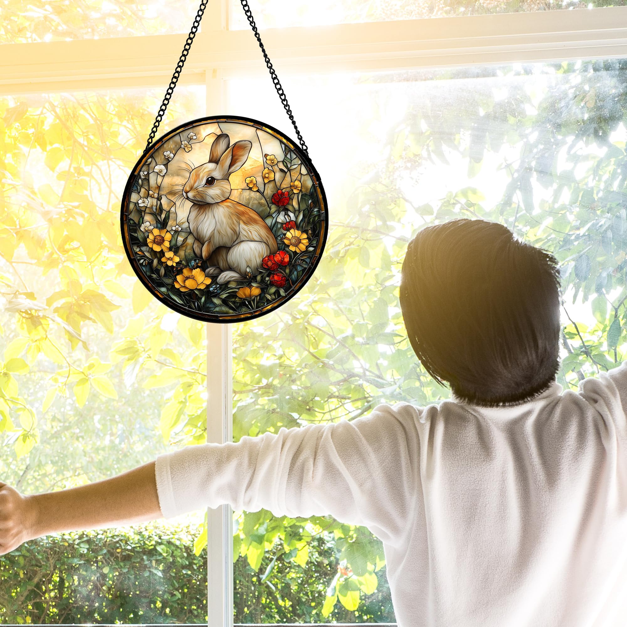 DASTOLL rabbit-flowers stained-glass window suncatcher doubles-light display for a sparkling decor accent