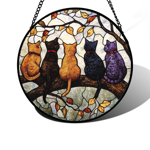 DASTOLL 5-Cats on Branch stained glass suncatcher brightens windows with colorful light.