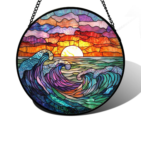 DASTOLL stained glass suncatcher with clouds and waves adds vibrant color to sunlit windows.