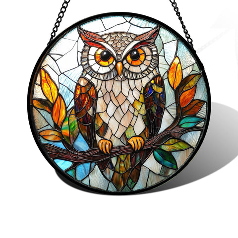 DASTOLL owl stained glass suncatcher brightens a sunny window with vibrant color
