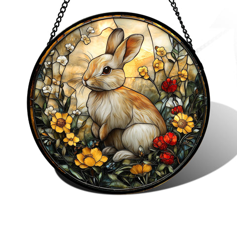 DASTOLL stained-glass rabbit-flowers suncatcher brightens windows with vibrant color in natural light