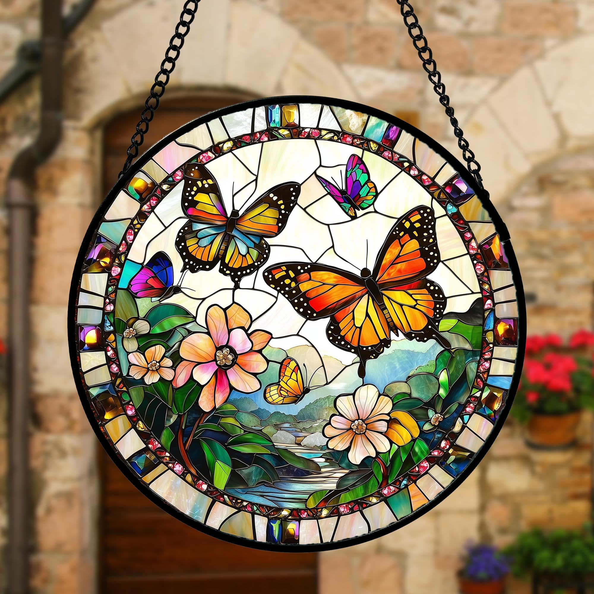DASTOLL stained glass suncatcher with butterfly design for doors and porch decor.