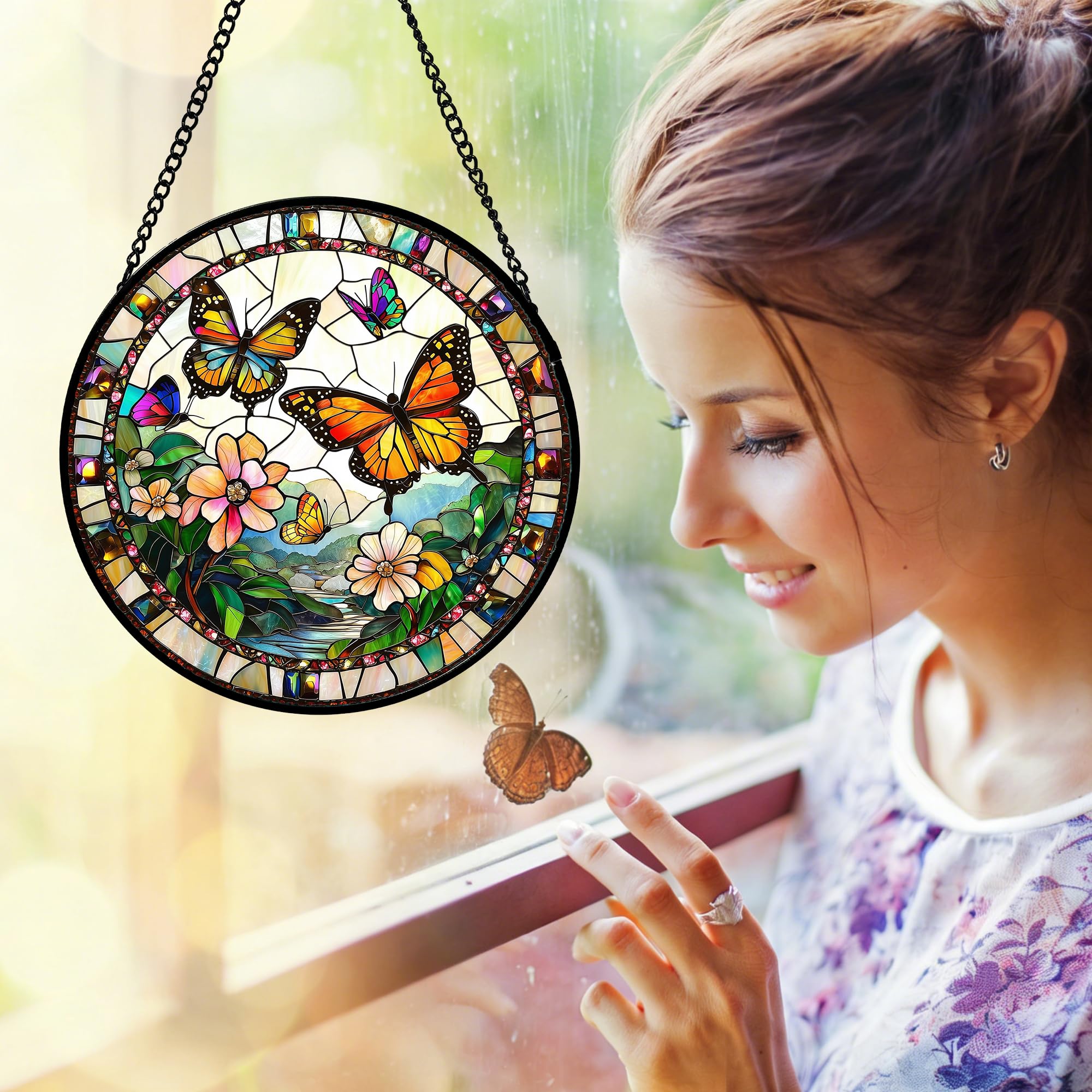 DASTOLL stained glass decor arrives ready to hang with a sturdy metal chain
