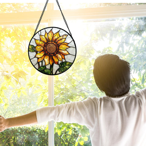 DASTOLL stained glass suncatcher sunflowers with diamond glass shine.
