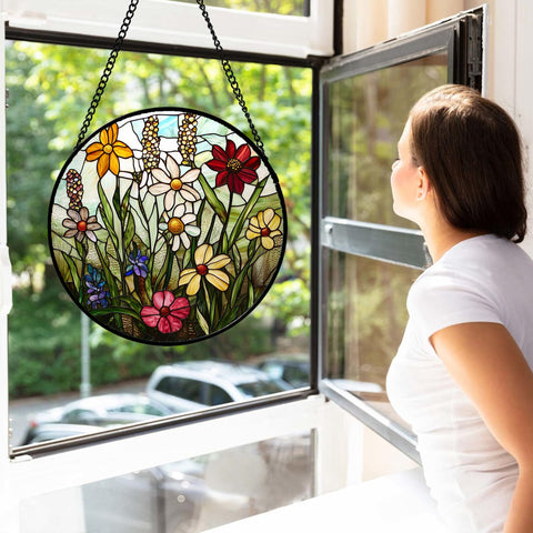 DASTOLL two-sided stained glass suncatcher adds depth and color when sunlight passes through.