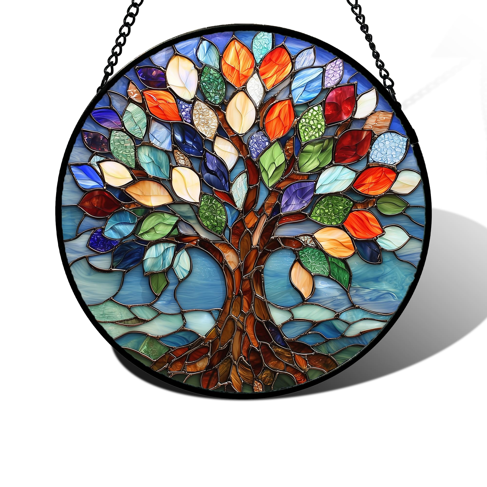 DASTOLL stained glass Tree of Life window hanging glows with vibrant colors in natural light