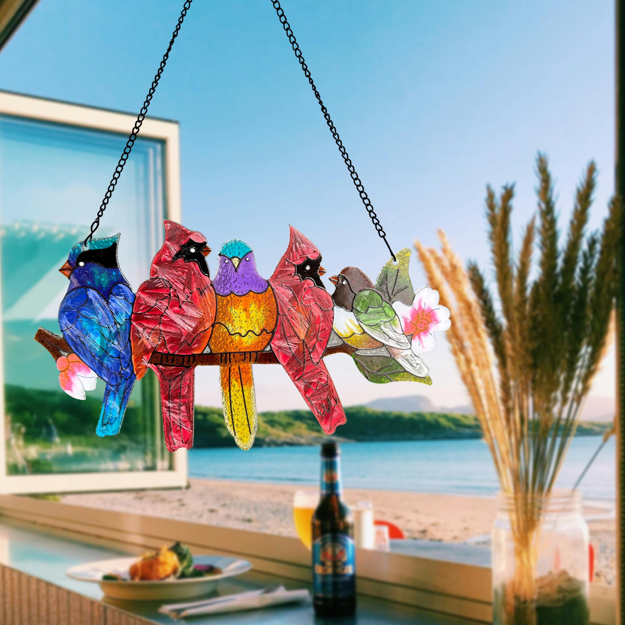 DASTOLL stained glass window decor with five birds in vibrant colors.