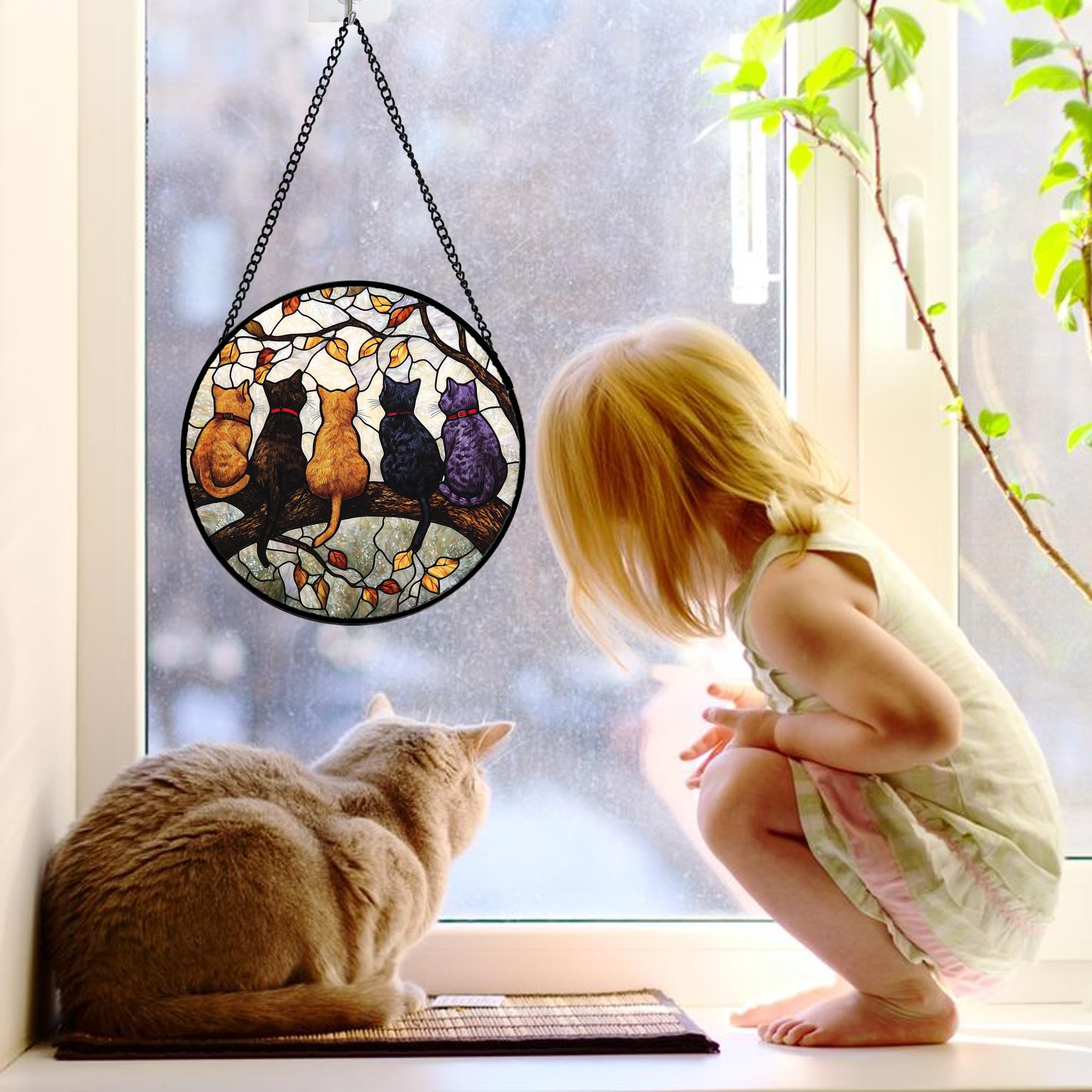 DASTOLL 5 Cats on a Branch stained glass design framed for durability