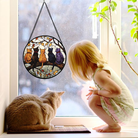 DASTOLL 5 Cats on a Branch stained glass design framed for durability