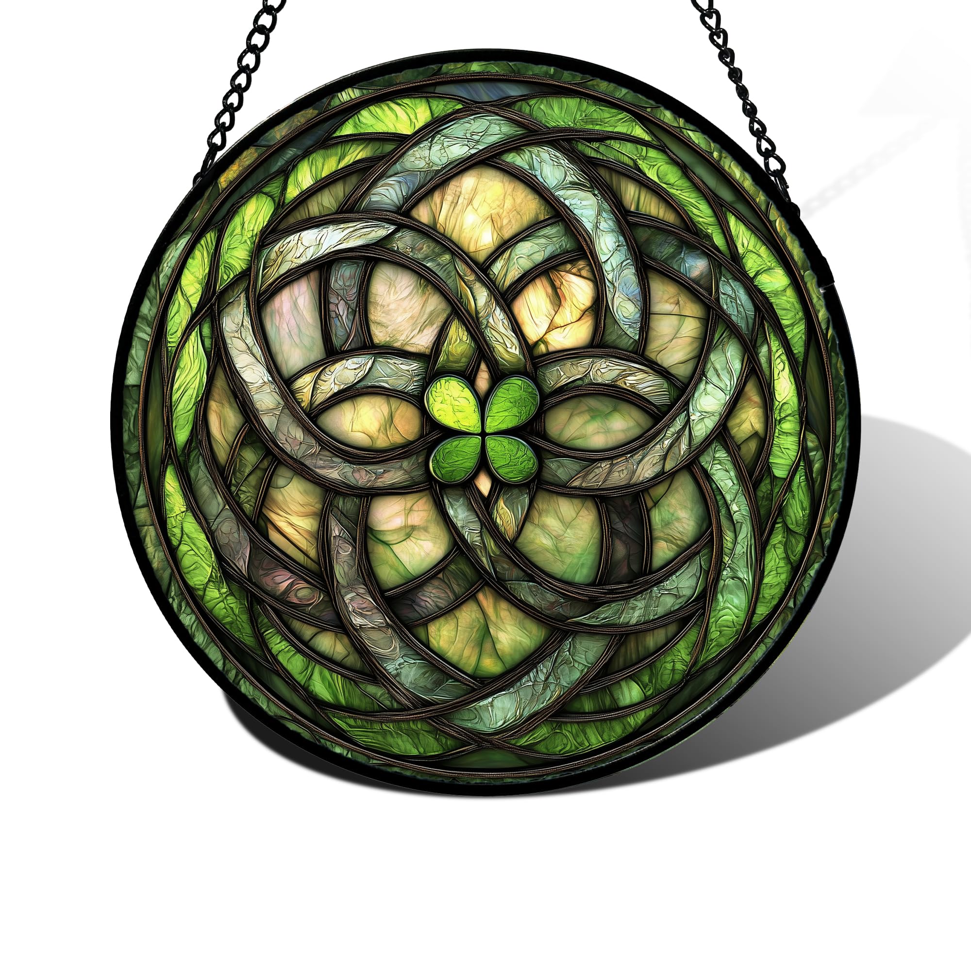 DASTOLL stained glass window hanging with abstract green clover brightens windows with colorful light
