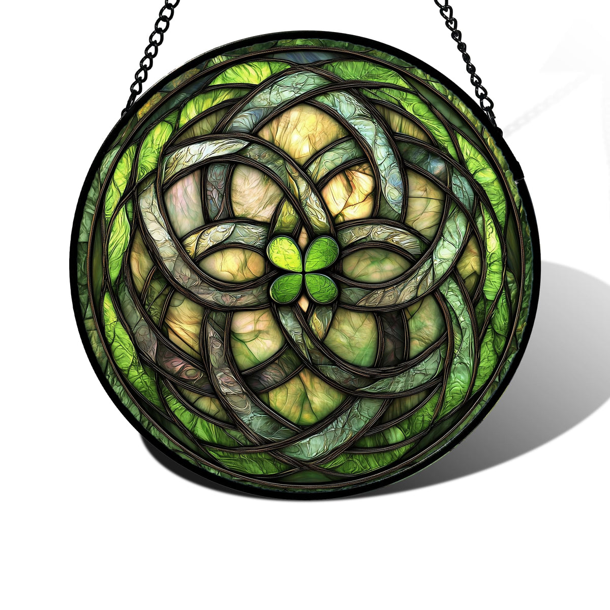 DASTOLL stained glass window hanging with abstract green clover colors enhances natural light ambiance.