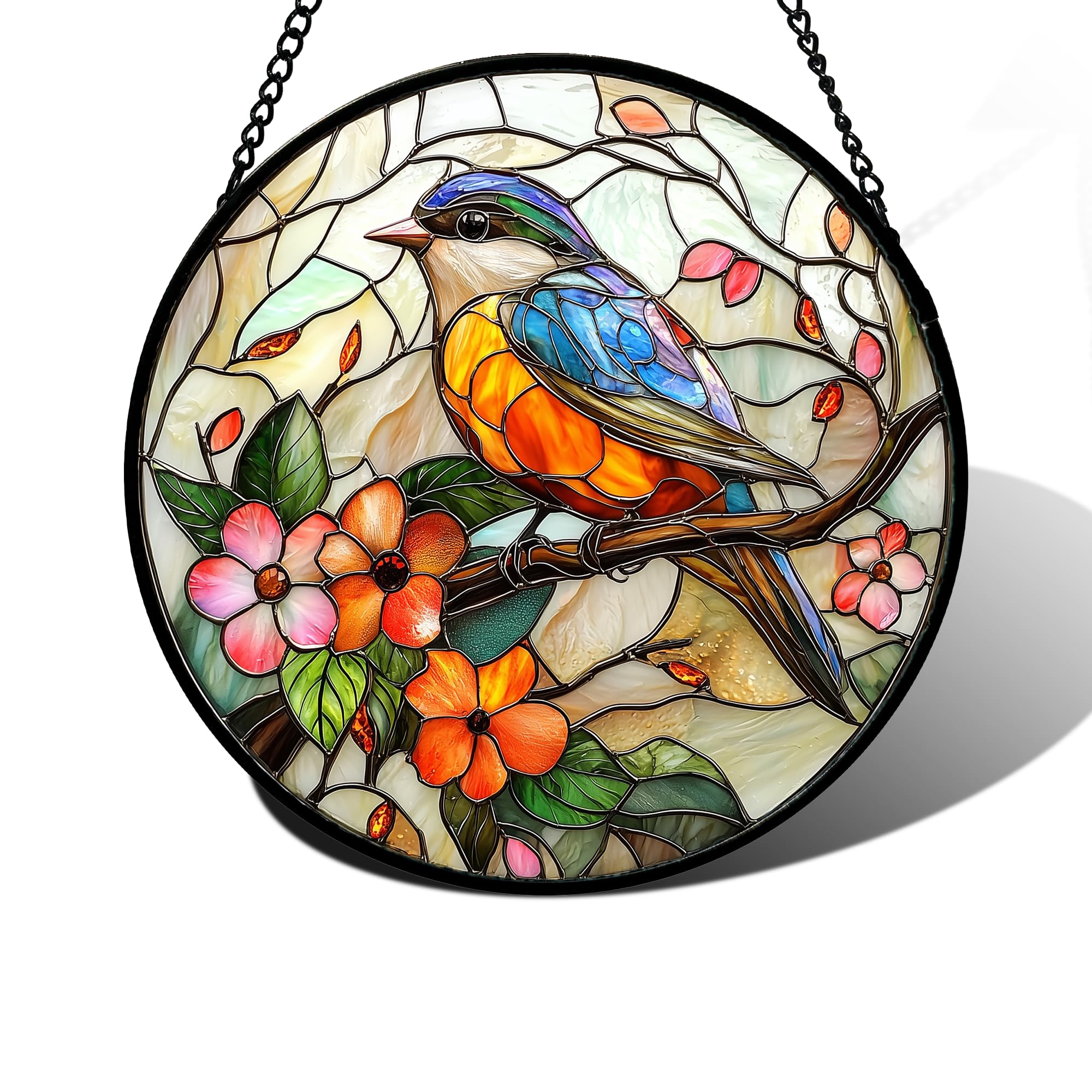 DASTOLL stained glass suncatcher with blue bird and pink flower brightens a window