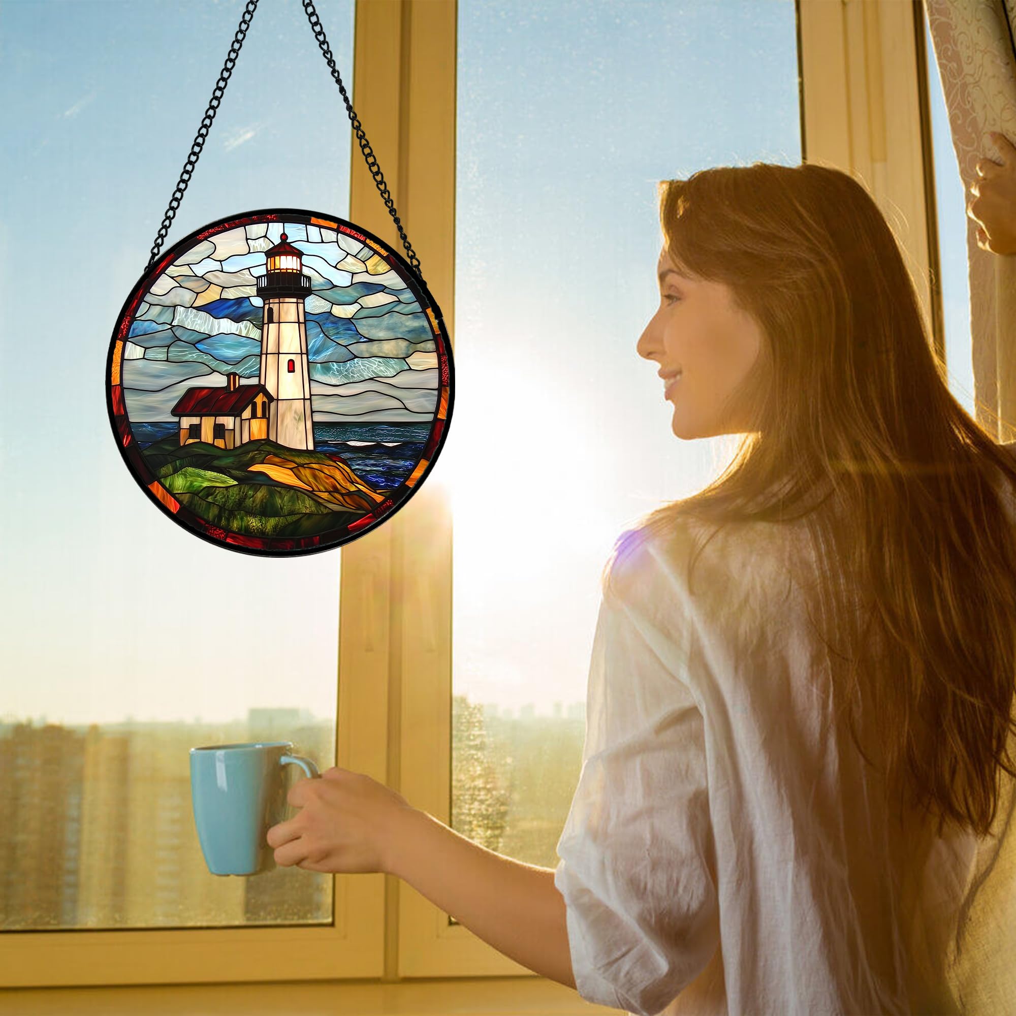 DASTOLL stained-glass window hanging blue green—double-sided color that shines in sunlit rooms.