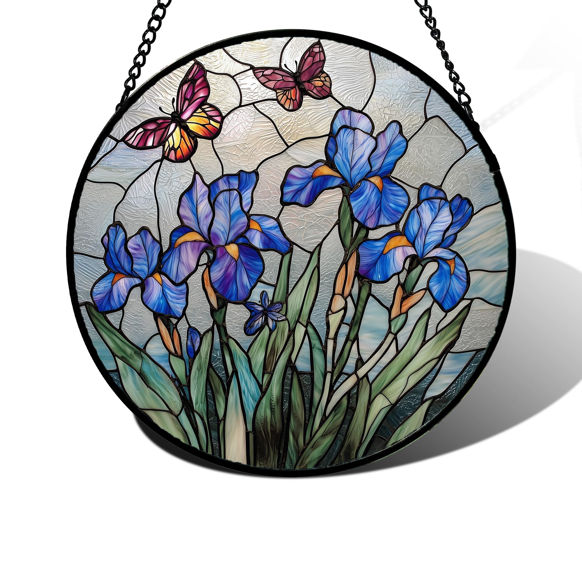 DASTOLL stained glass suncatcher with blue iris butterfly brightens windows.