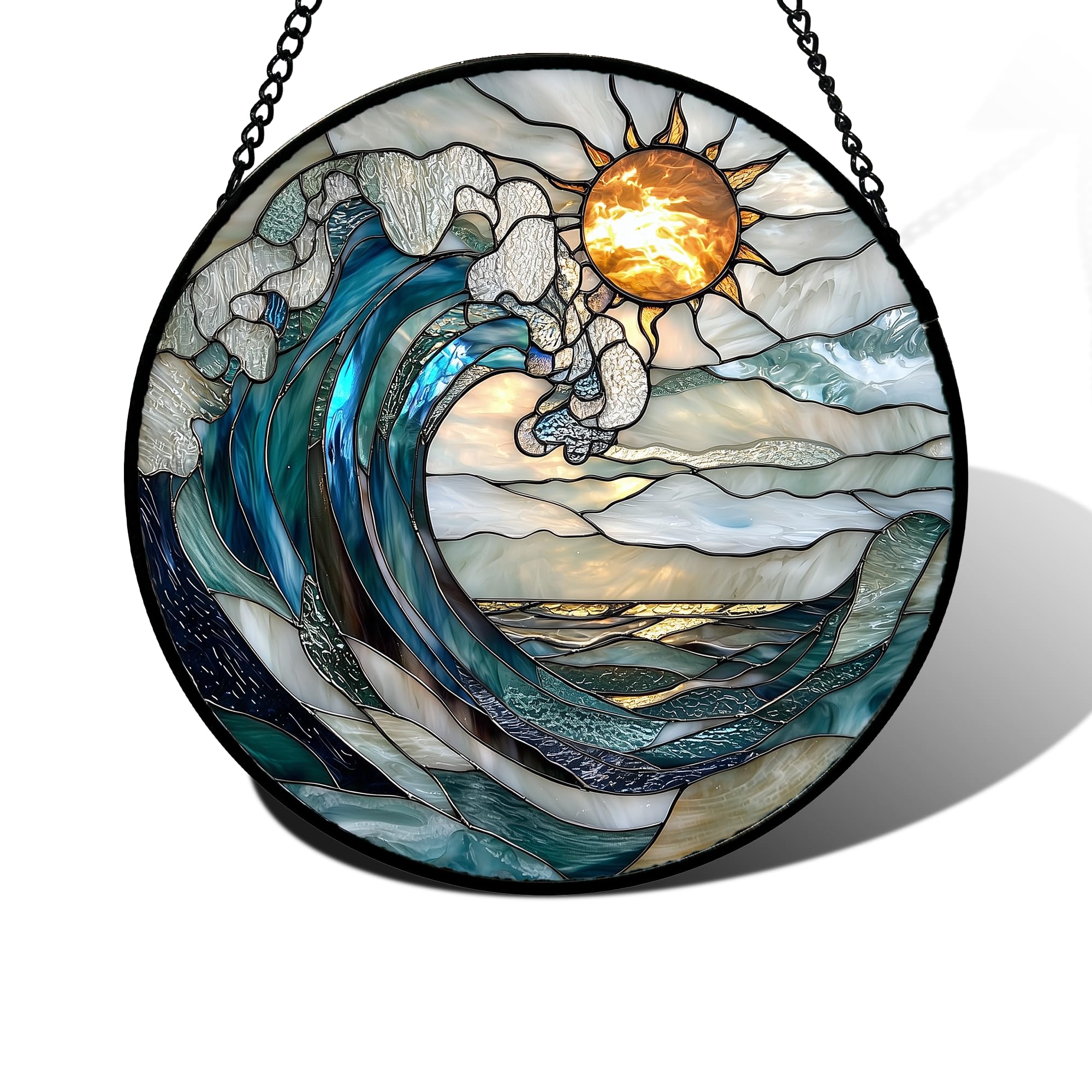 DASTOLL stained glass window hanging blue and white waves captures natural light for vibrant ambiance