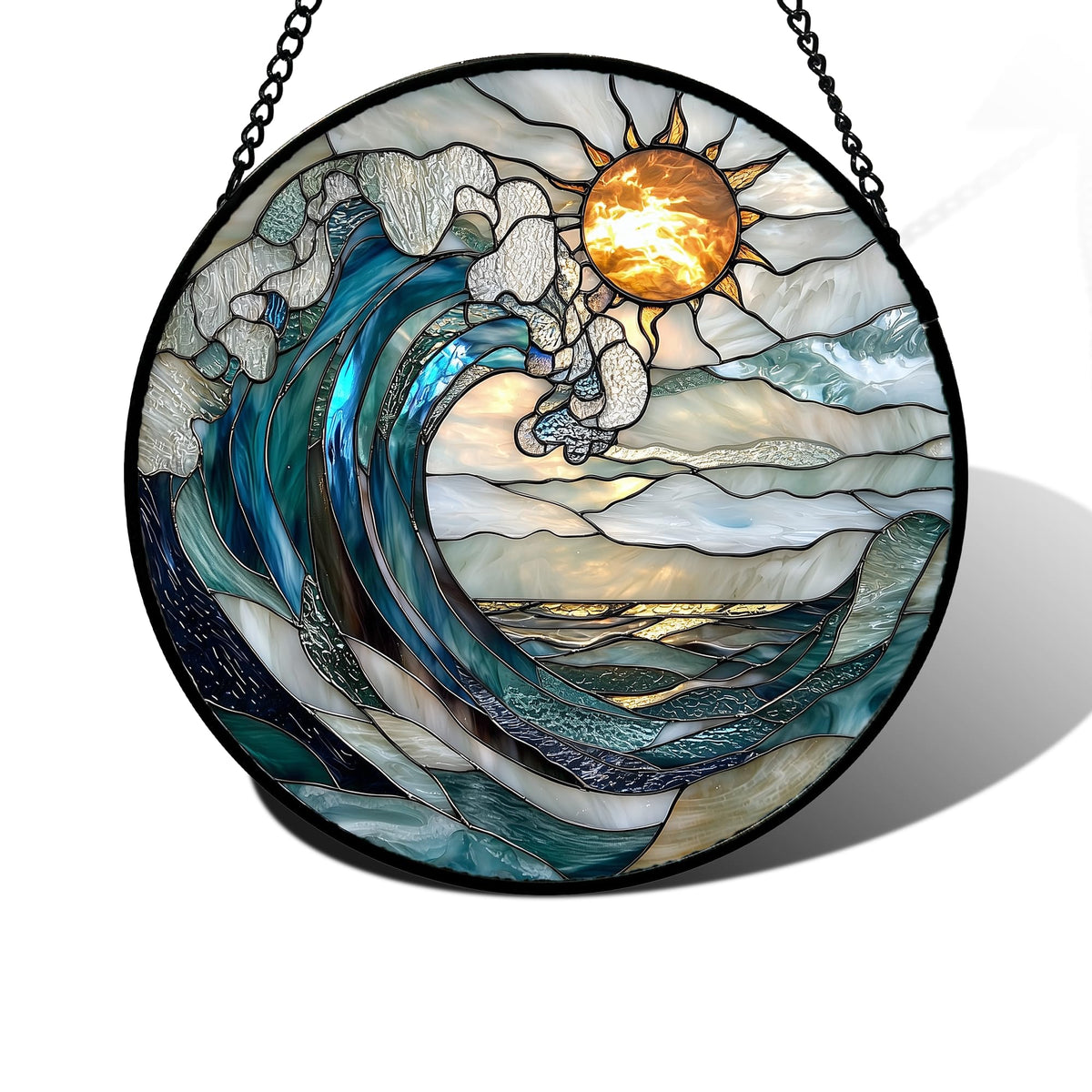 DASTOLL stained glass window hanging blue and white waves captures natural light for vibrant ambiance