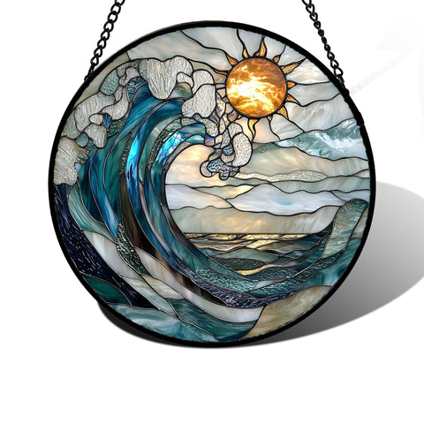 DASTOLL stained glass window hanging in blue and white waves brightens natural light