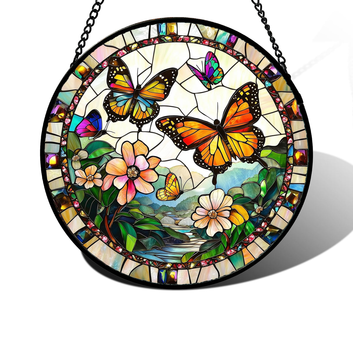DASTOLL stained glass window hanging featuring butterflies in the sky brightening sunlit windows.