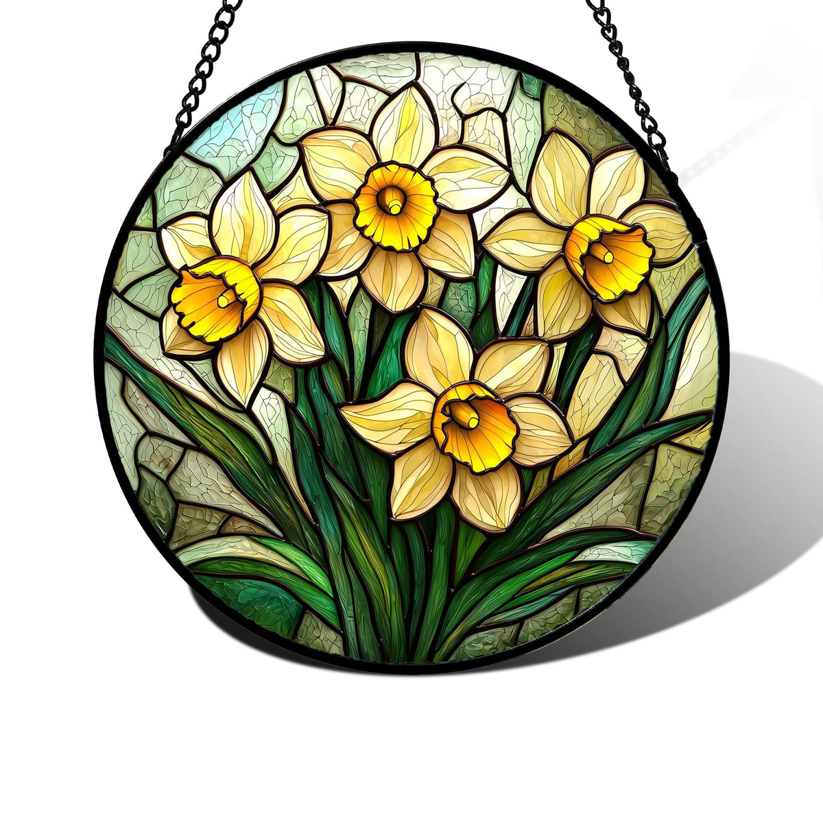 DASTOLL stained glass window hanging with daffodil bloom brightens sunlit interiors.