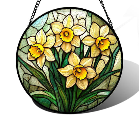 DASTOLL stained glass window hanging with daffodil bloom brightens sunlit interiors.