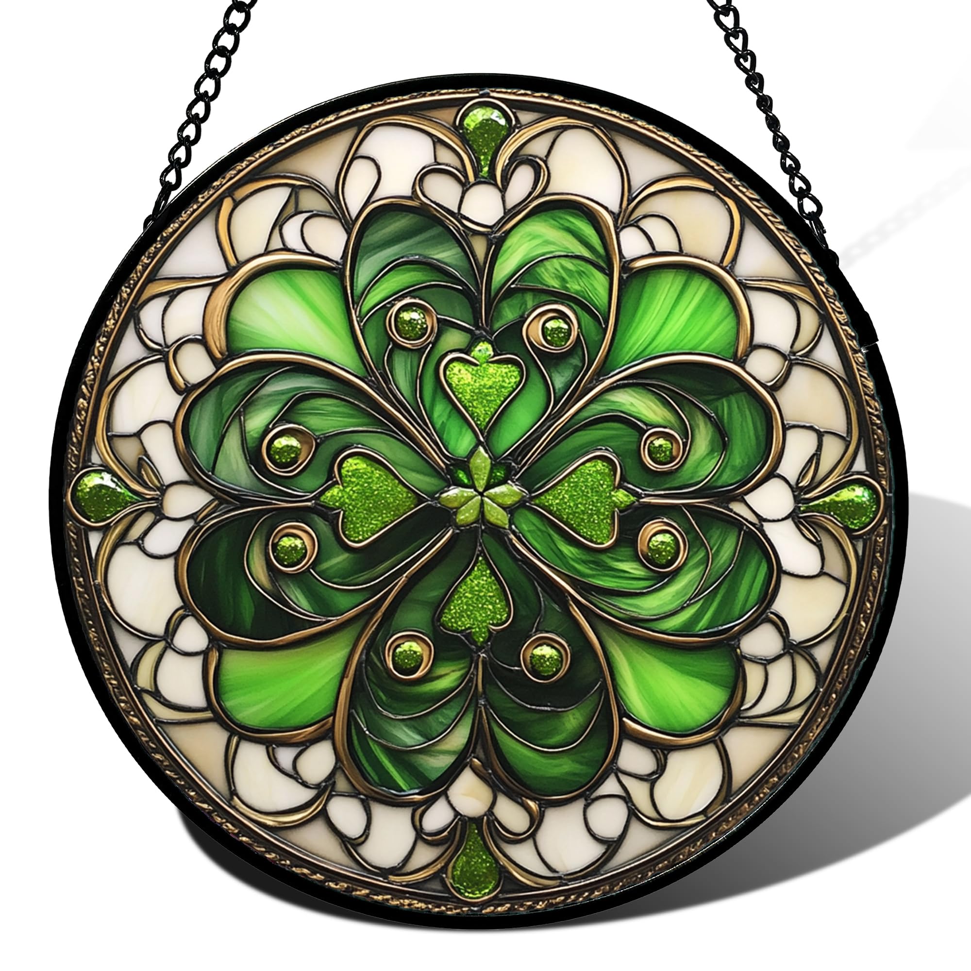 DASTOLL Green Lucky Clover stained glass window hanging brightens mornings with vibrant color.