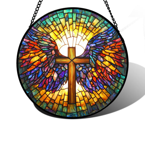 DASTOLL stained glass suncatcher with Jesus cross wings enhances sunlight in rooms.