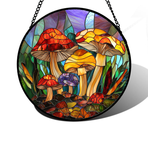 DASTOLL stained glass window hanging with jungle mushrooms brightens a room in sunlight.