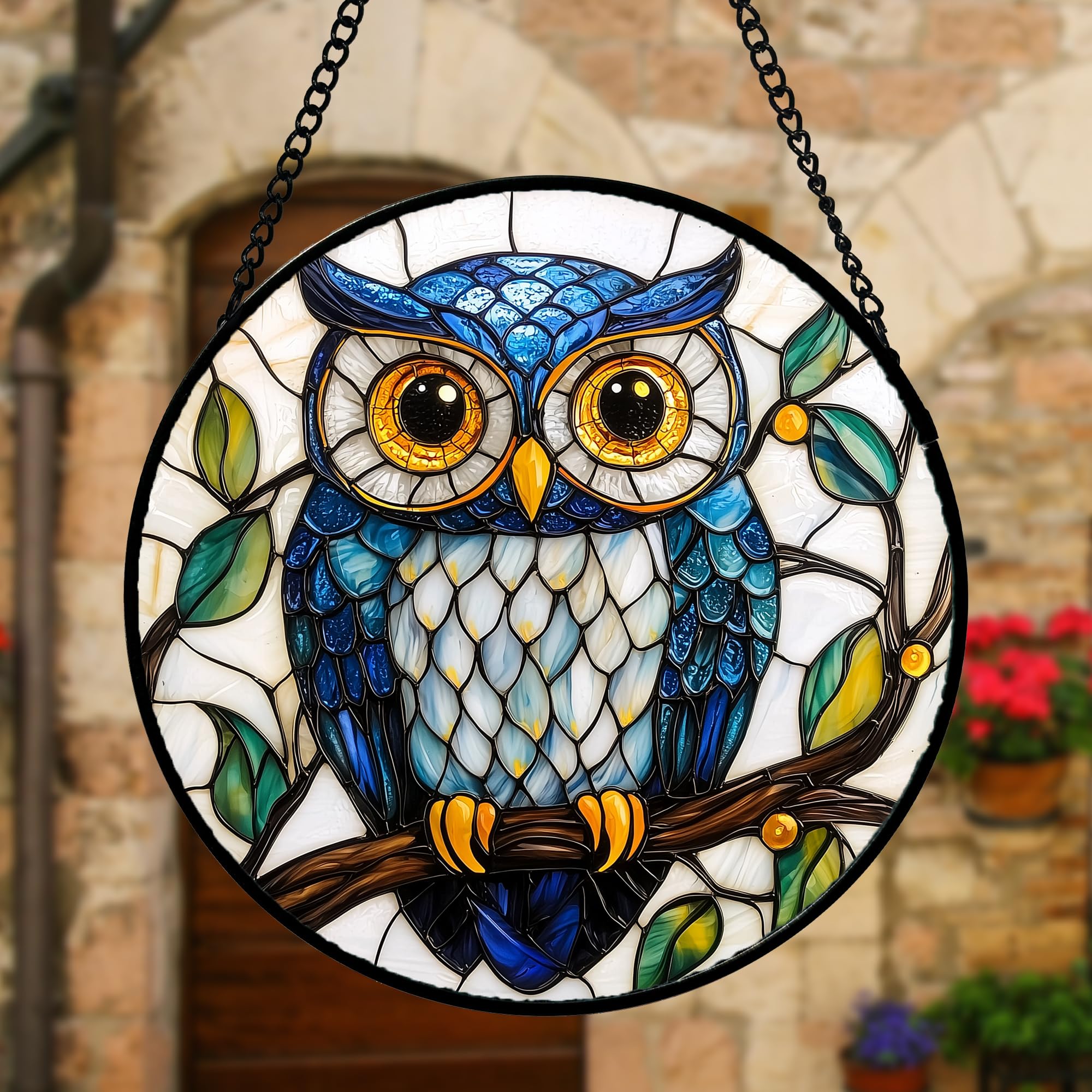 DASTOLL stained glass window hanging owl; easy to hang enhances doors and walls