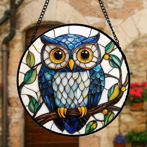 DASTOLL stained glass window hanging owl; easy to hang enhances doors and walls