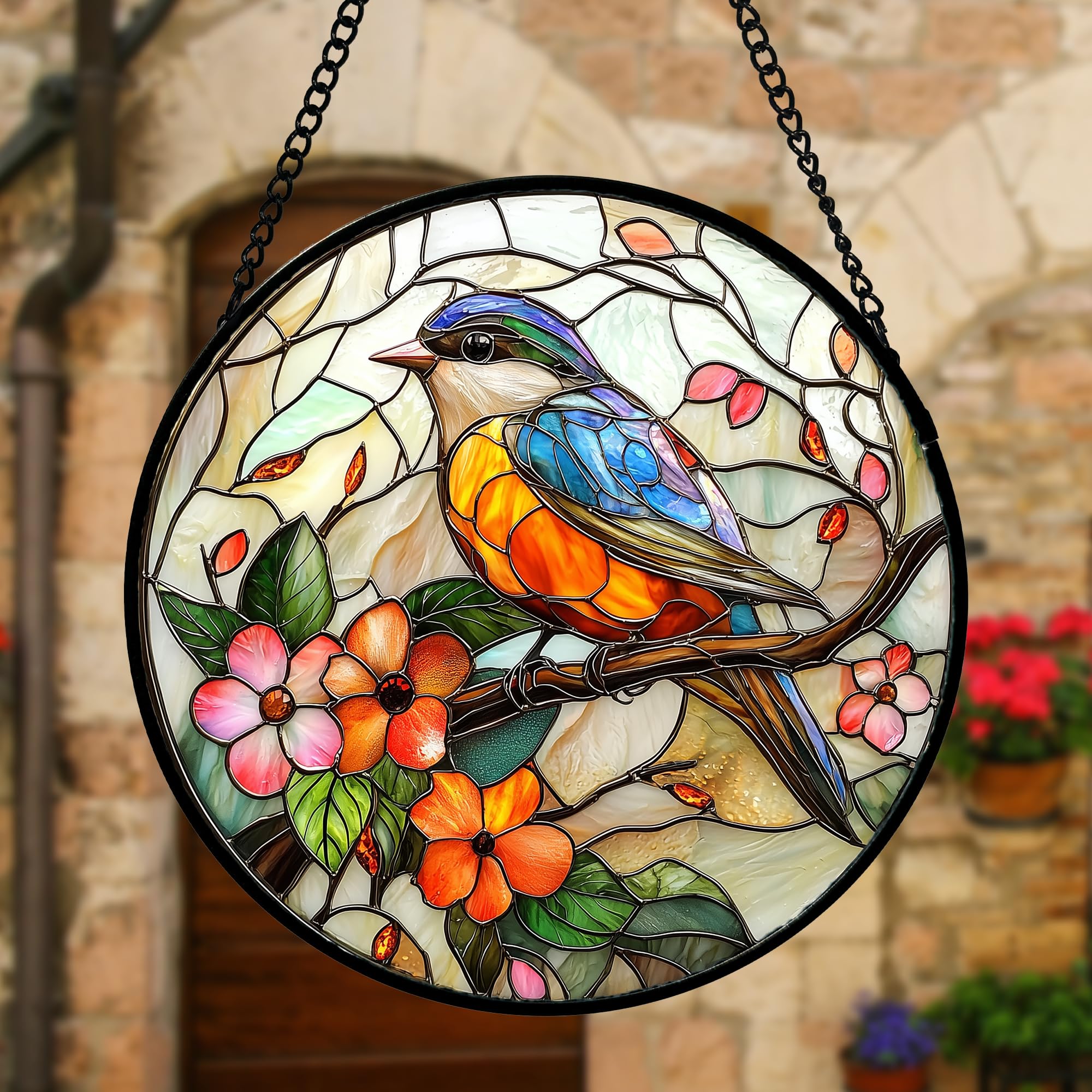 DASTOLL pink flower stained glass suncatcher adding charm to a doorway