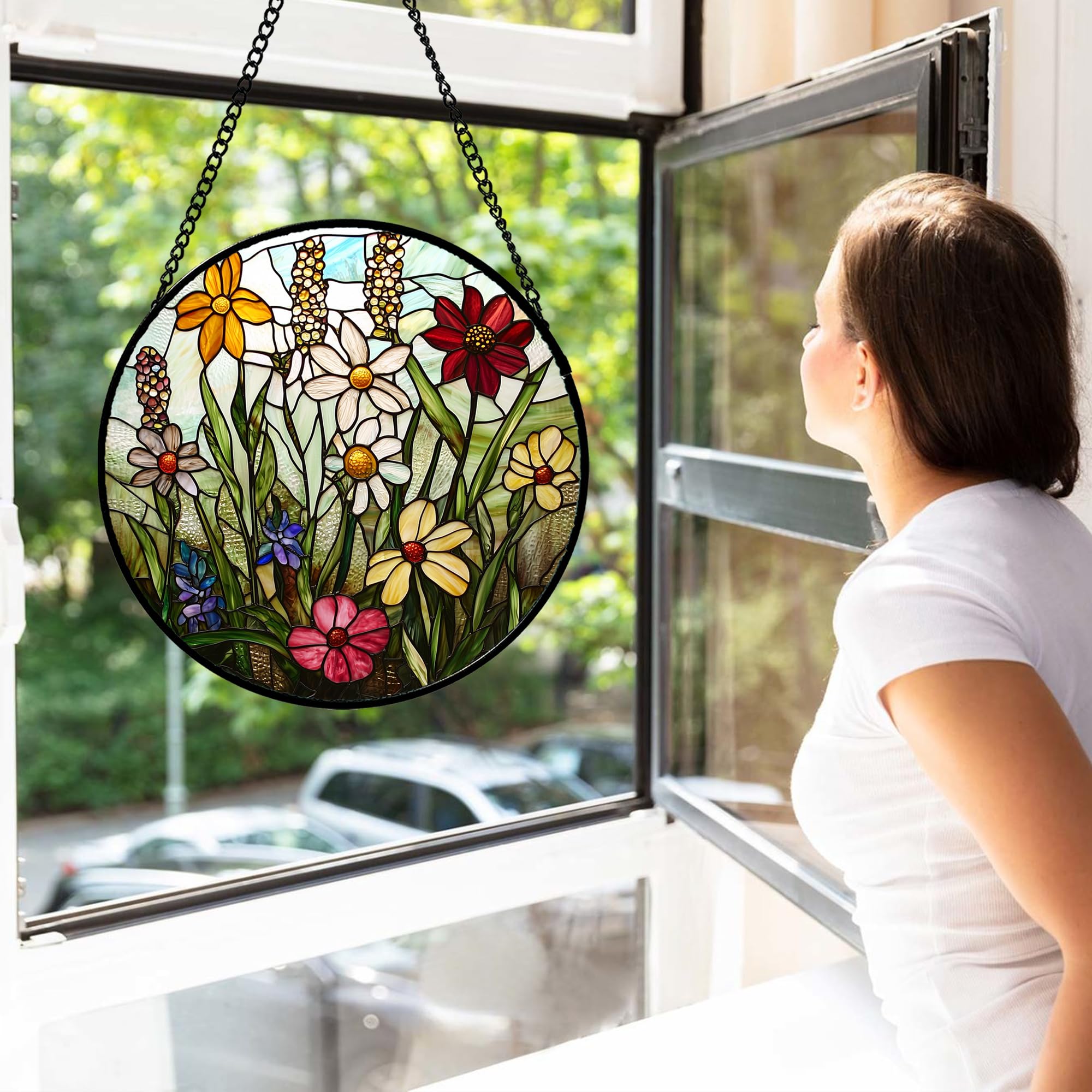 DASTOLL stained glass window hanging plant scenery bathes interiors in cheerful hues.