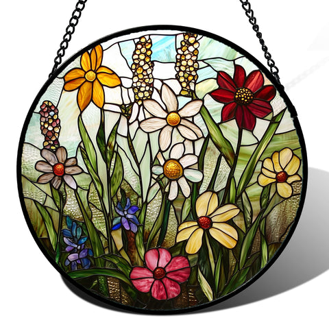 DASTOLL stained glass window hanging with wildflowers brightens sunny windows