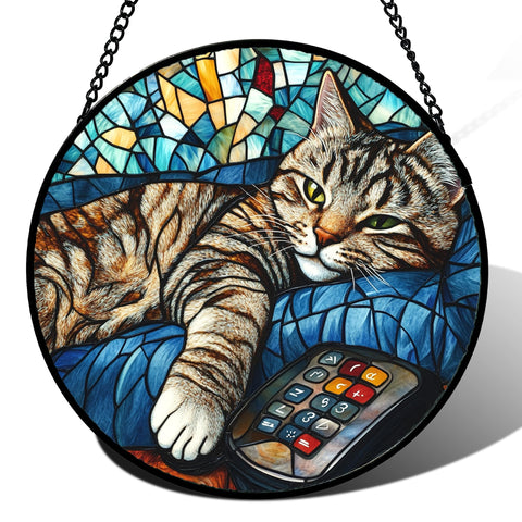 DASTOLL stained glass window hanging catching sunlight with vibrant colors.