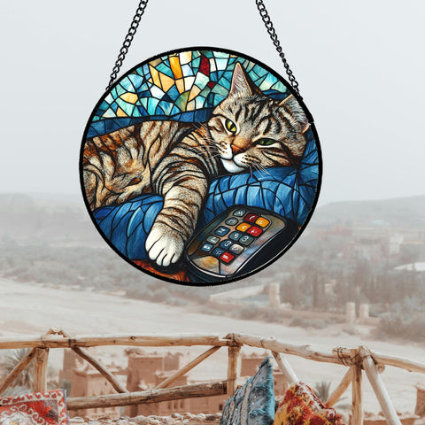 DASTOLL suncatcher hanging on a window with chain ready to install.
