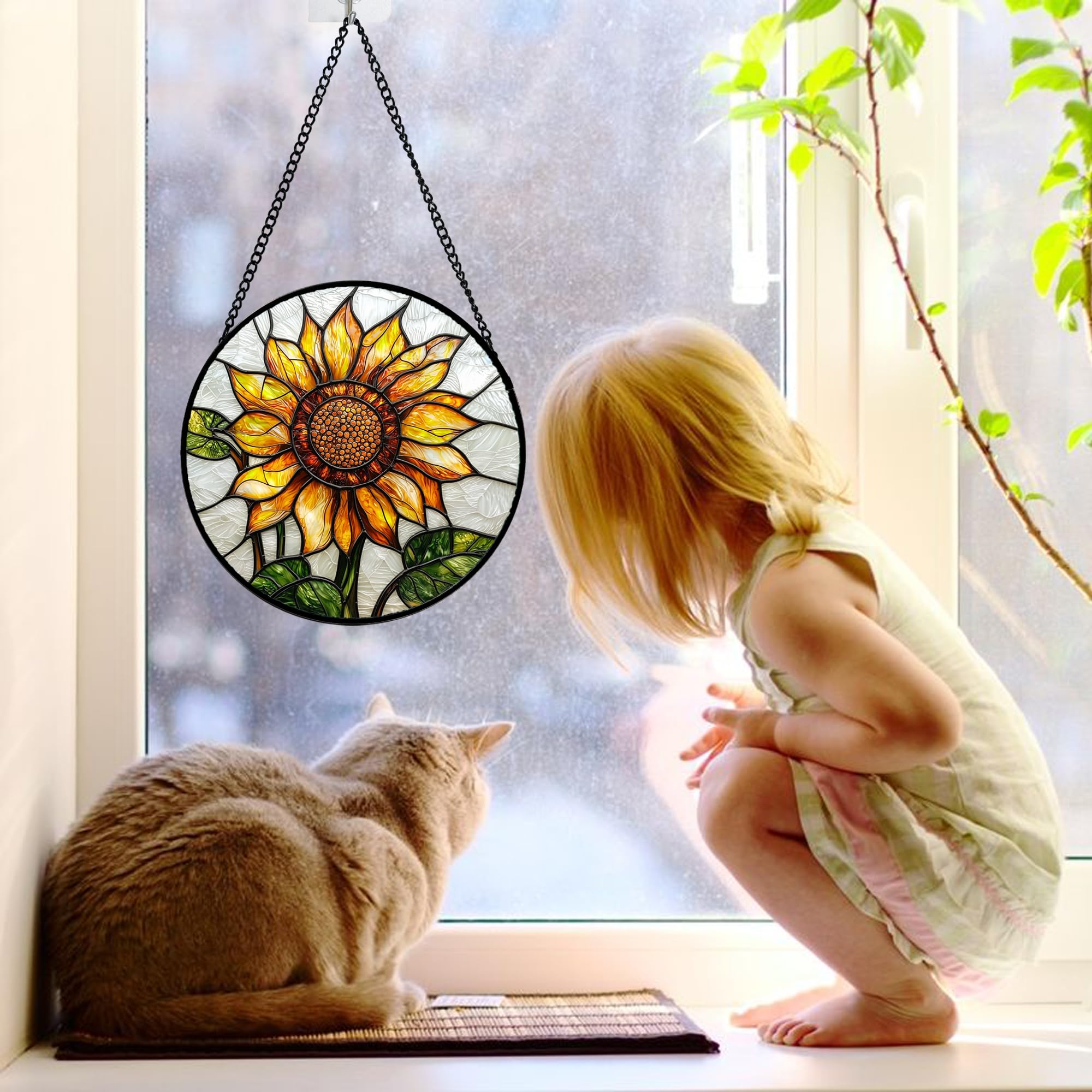 DASTOLL sunflower suncatcher back view shows vivid color from multiple angles.