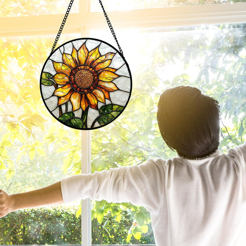 DASTOLL sunflower suncatcher closeup diamond glass captures sparkling light.
