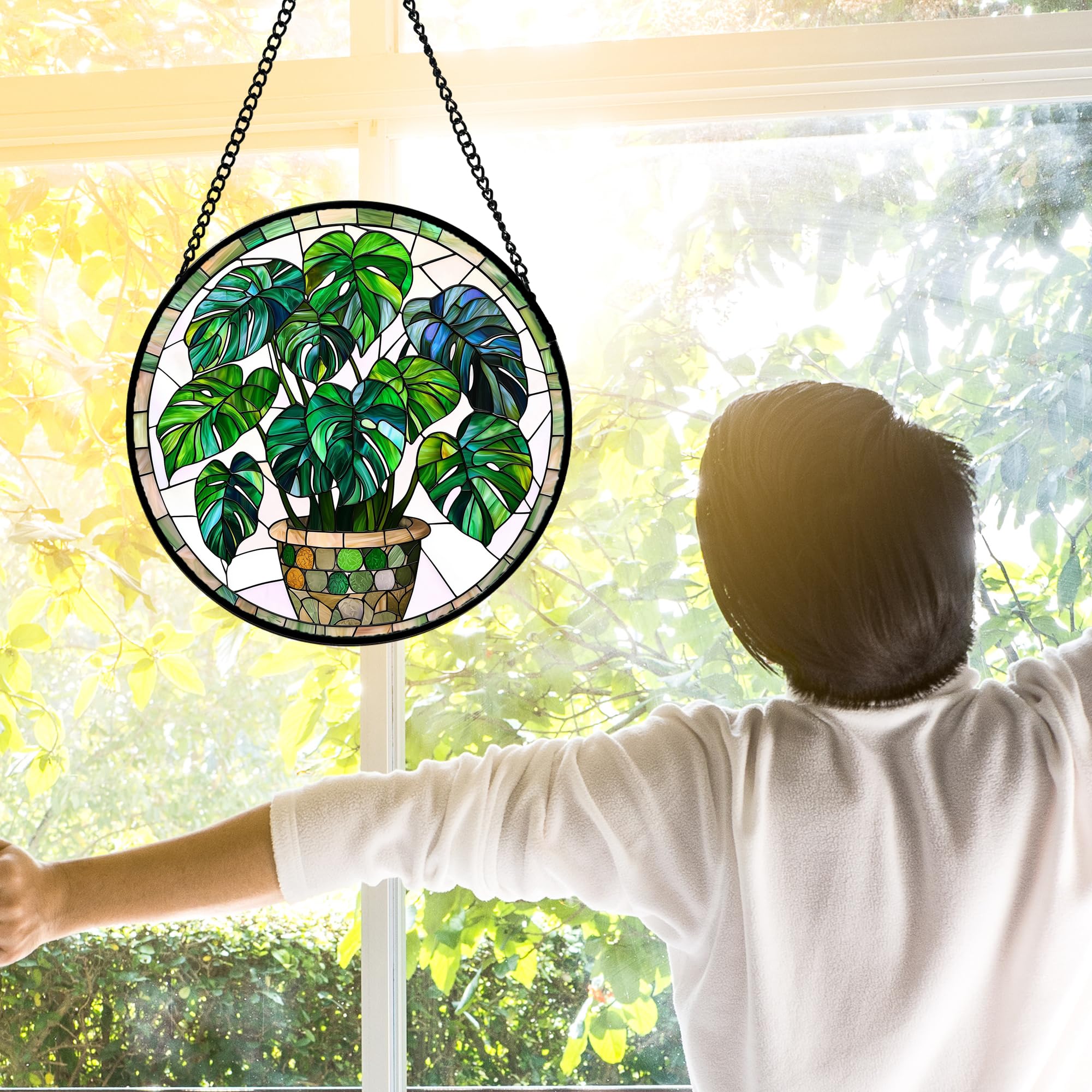 DASTOLL stained glass decor with metal chain for easy ceiling or wall hanging.